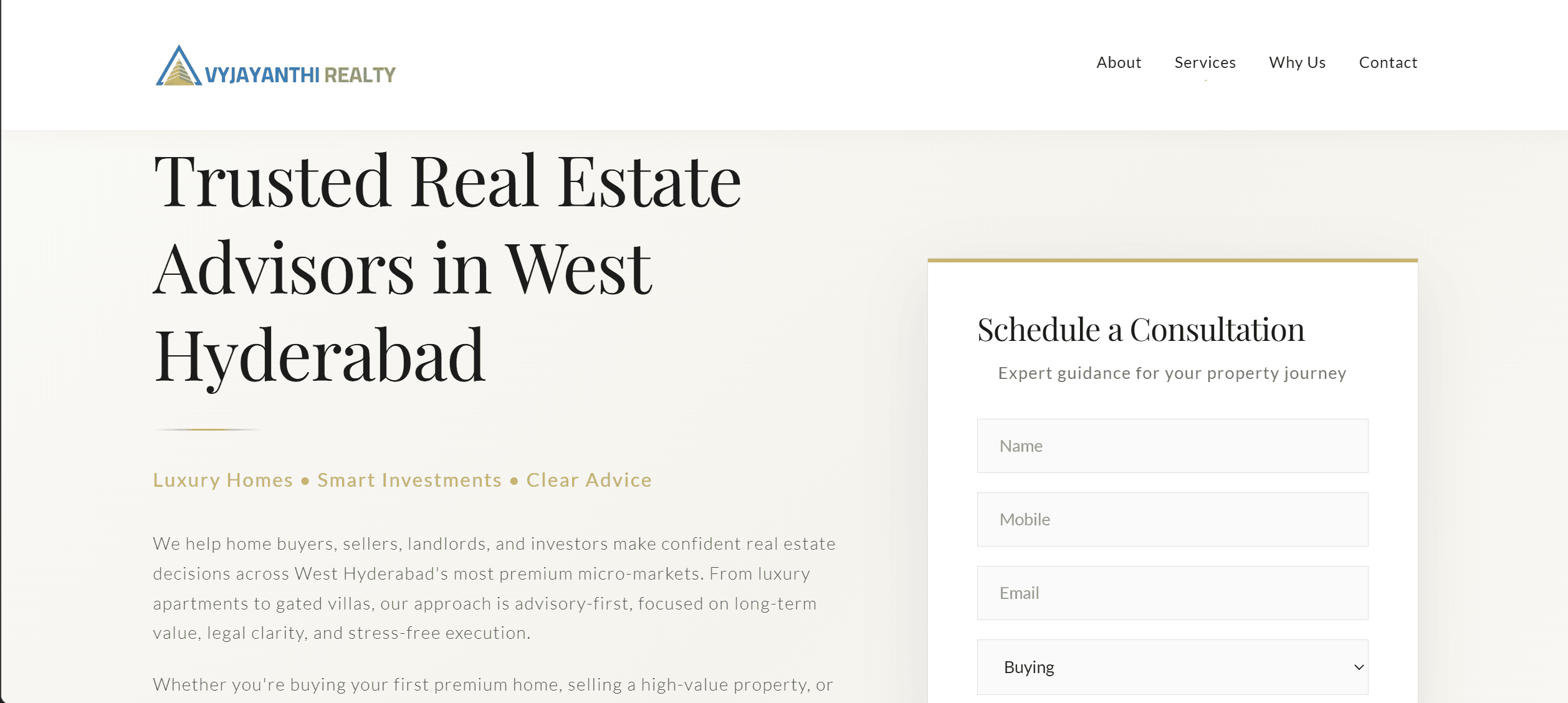 Vyjayanthi Realty — Advisory Website screenshot 1